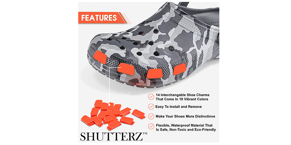 SHUTTERZ (ORANGE) 14 Pack Colored Shoe Charms Compatible with Classic Crocs, Crush Crocs, and All Terrain Crocs